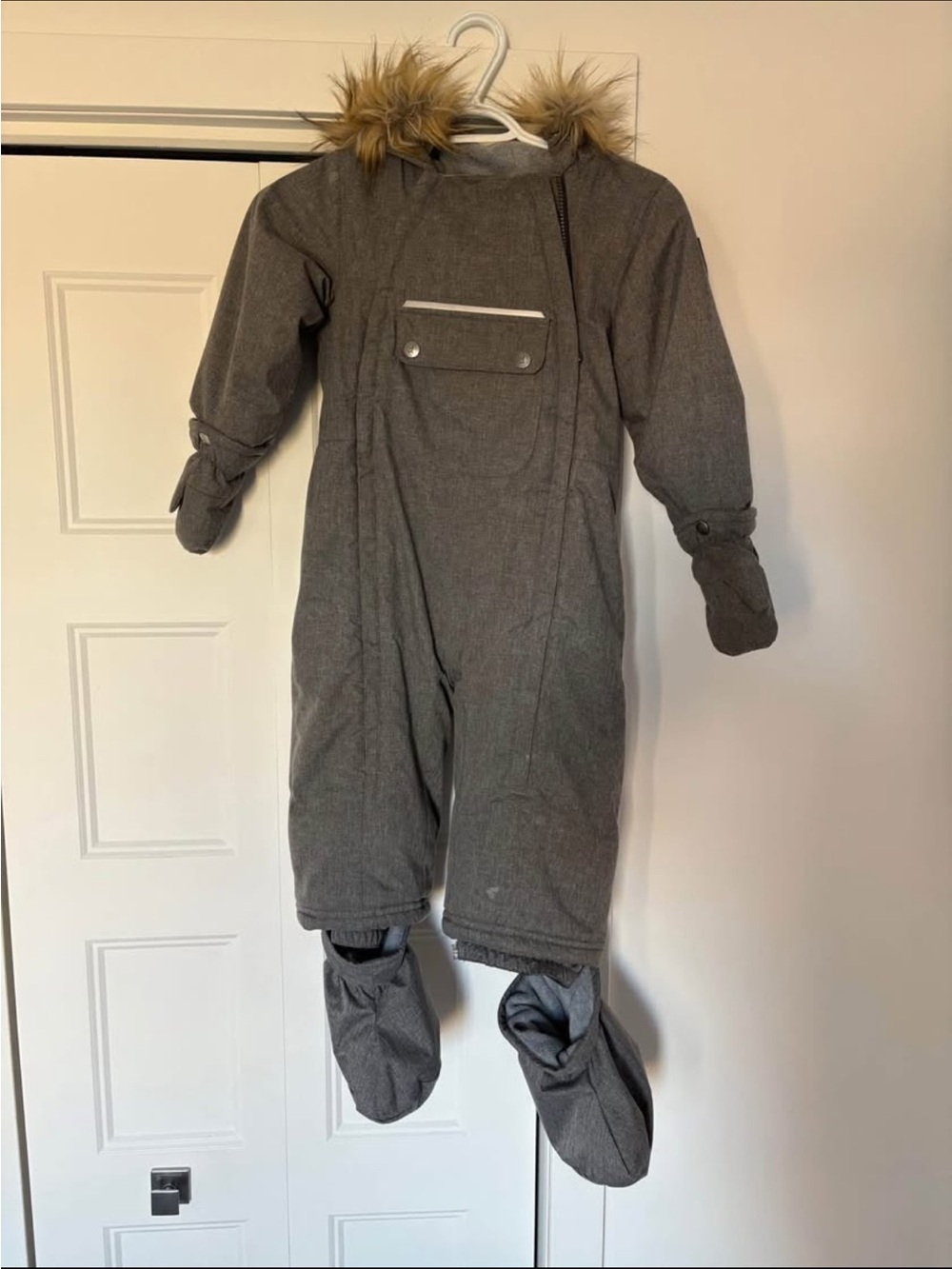 deux par deux Gray Faux-Fur Trim Hooded Snowsuit